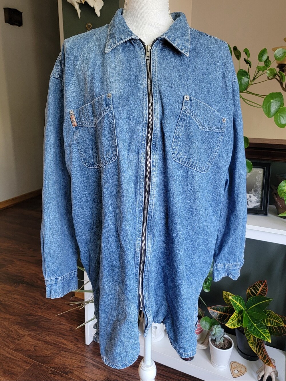 Vtg 90s Express EXP Denim Jacket Zip Front British Crown Colony Hong Kong